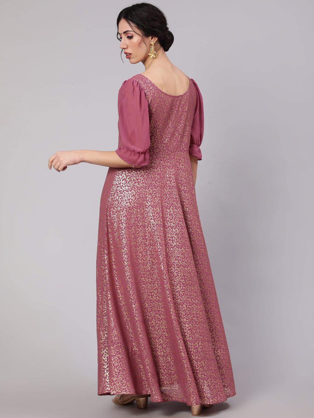 Women's Mauve Foil Print Flared Maxi Dress