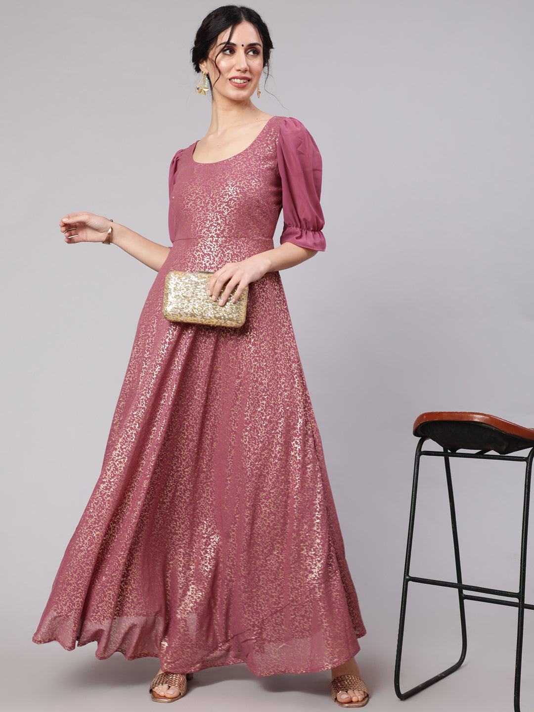 Women's Mauve Foil Print Flared Maxi Dress