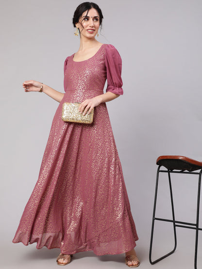 Women's Mauve Foil Print Flared Maxi Dress