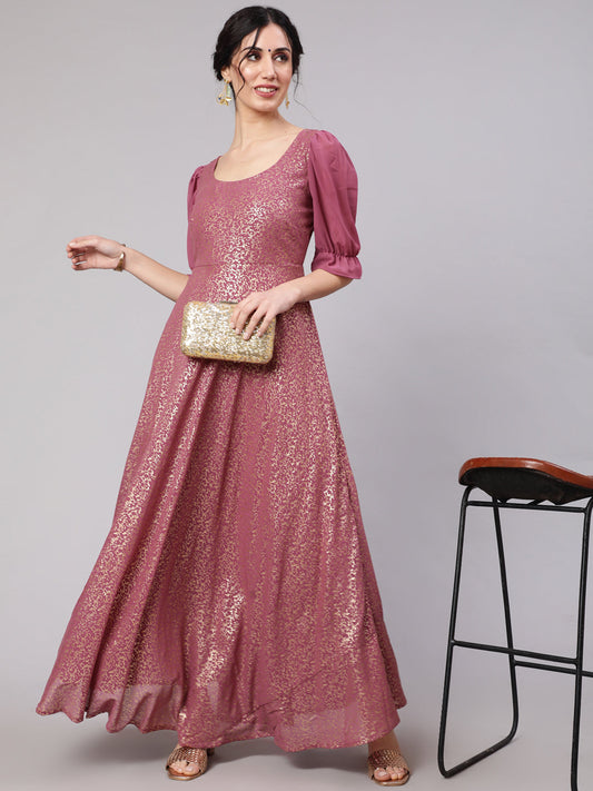 Women's Mauve Foil Print Flared Maxi Dress