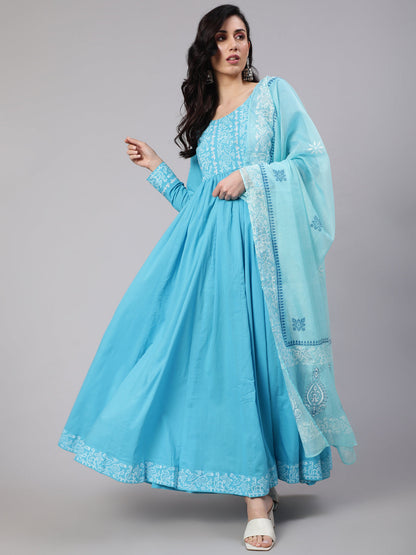 Women's Turquoise Blue Hand Blocked Maxi Dress With Dupatta