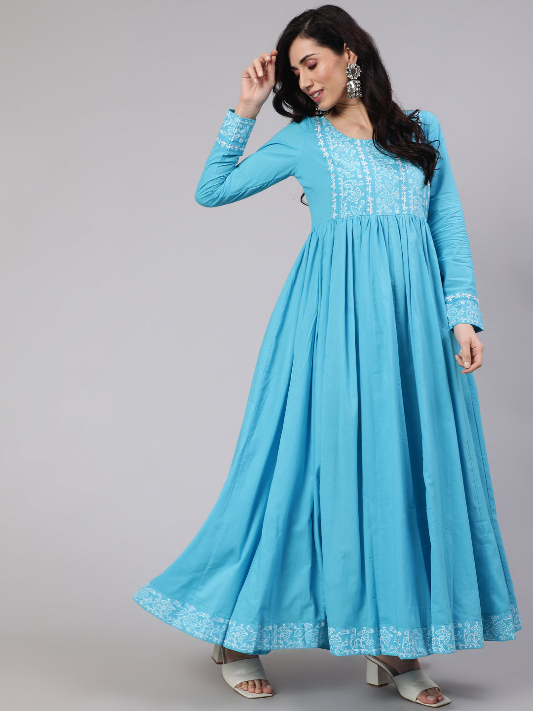 Women's Turquoise Blue Hand Blocked Maxi Dress With Dupatta