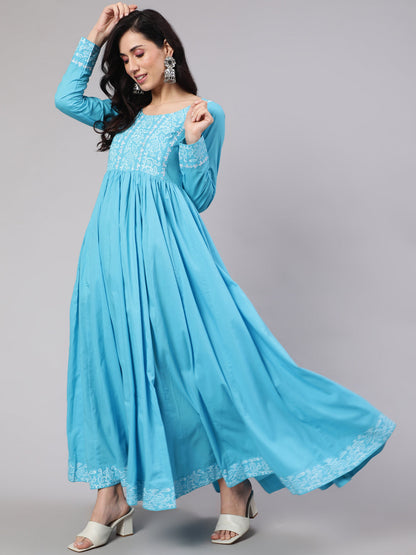 Women's Turquoise Blue Hand Blocked Maxi Dress With Dupatta