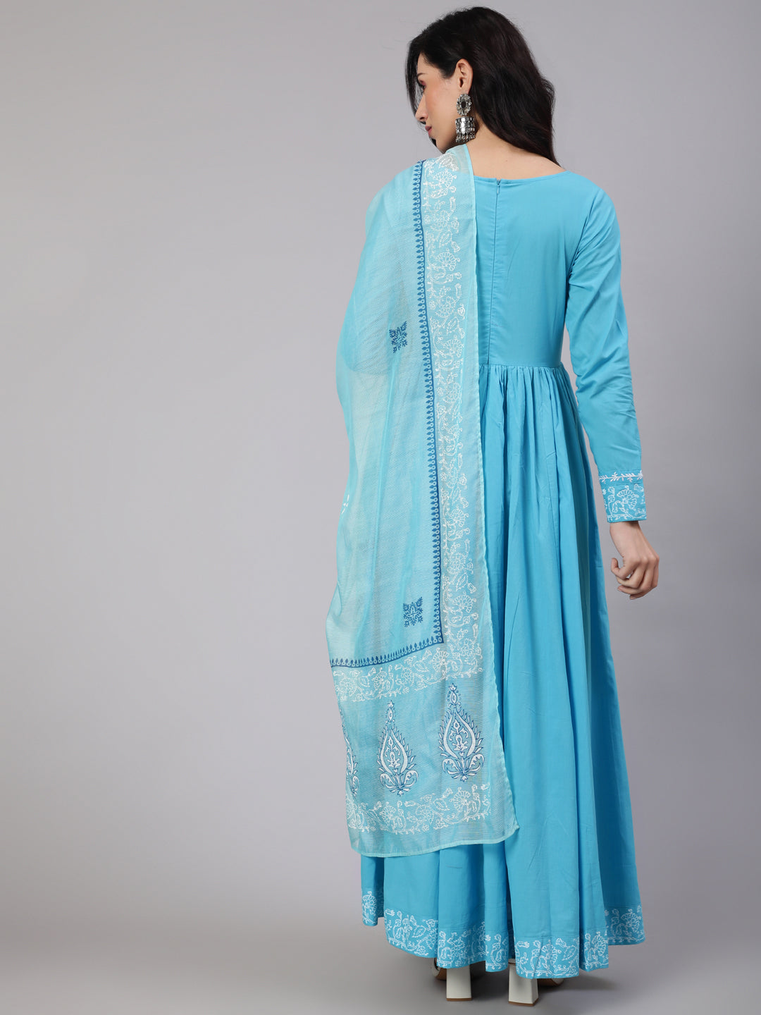 Women's Turquoise Blue Hand Blocked Maxi Dress With Dupatta