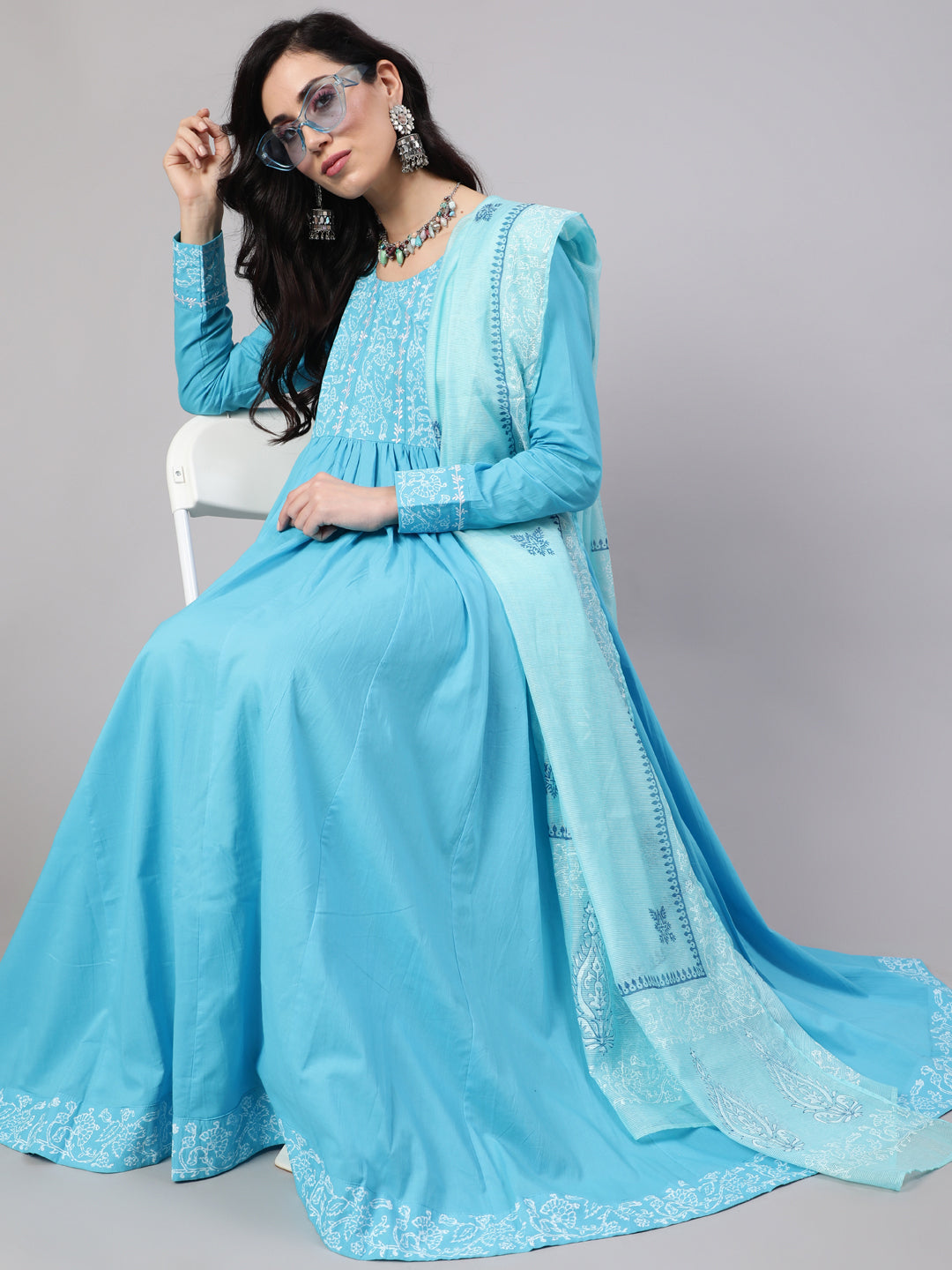 Women's Turquoise Blue Hand Blocked Maxi Dress With Dupatta