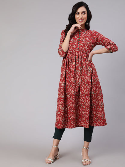 Women's Red Floral Print Kantha Work Gathered Kurta