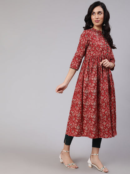 Women's Red Floral Print Kantha Work Gathered Kurta