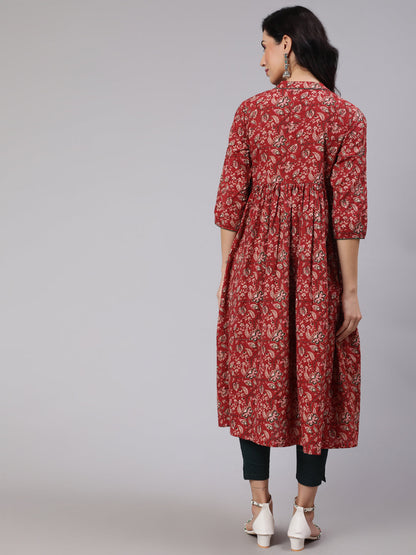 Women's Red Floral Print Kantha Work Gathered Kurta