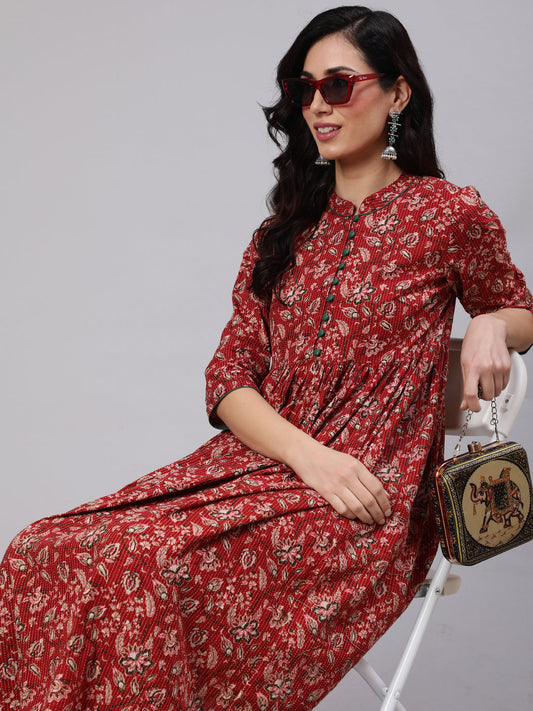 Women's Red Floral Print Kantha Work Gathered Kurta