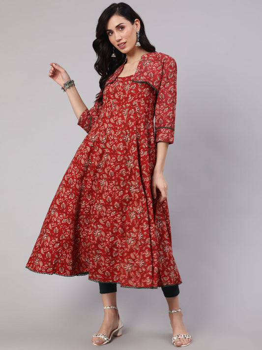Women's Red Floral Print Flared Anarkali With Crop Jacket
