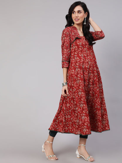 Women's Red Floral Print Flared Anarkali With Crop Jacket