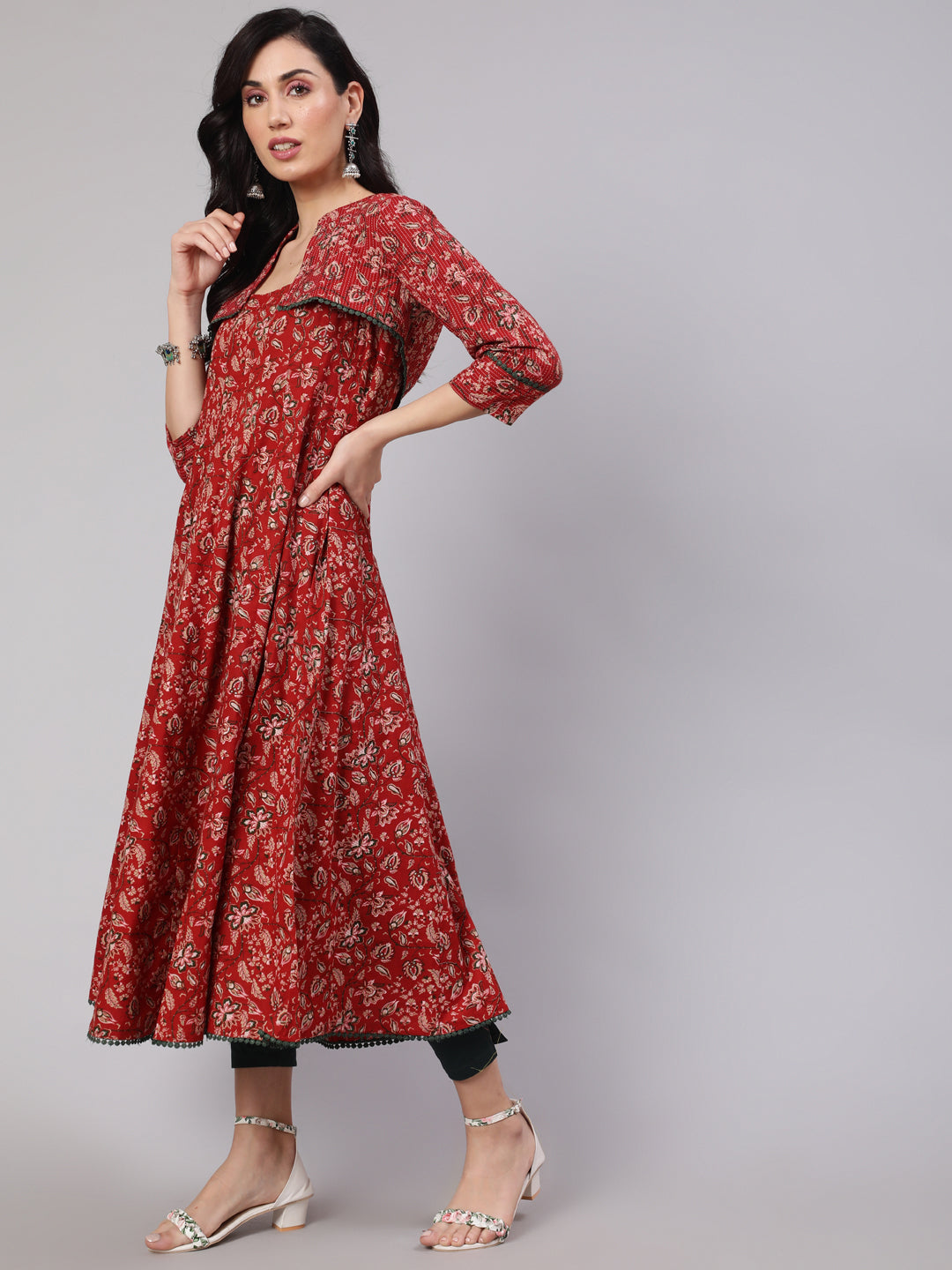 Women's Red Floral Print Flared Anarkali With Crop Jacket