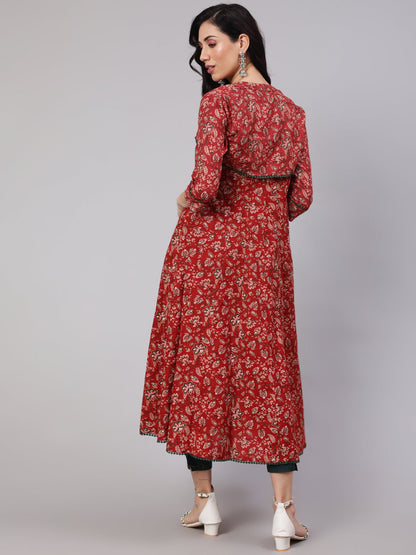 Women's Red Floral Print Flared Anarkali With Crop Jacket