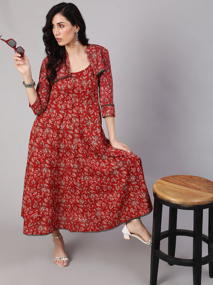 Women's Red Floral Print Flared Anarkali With Crop Jacket