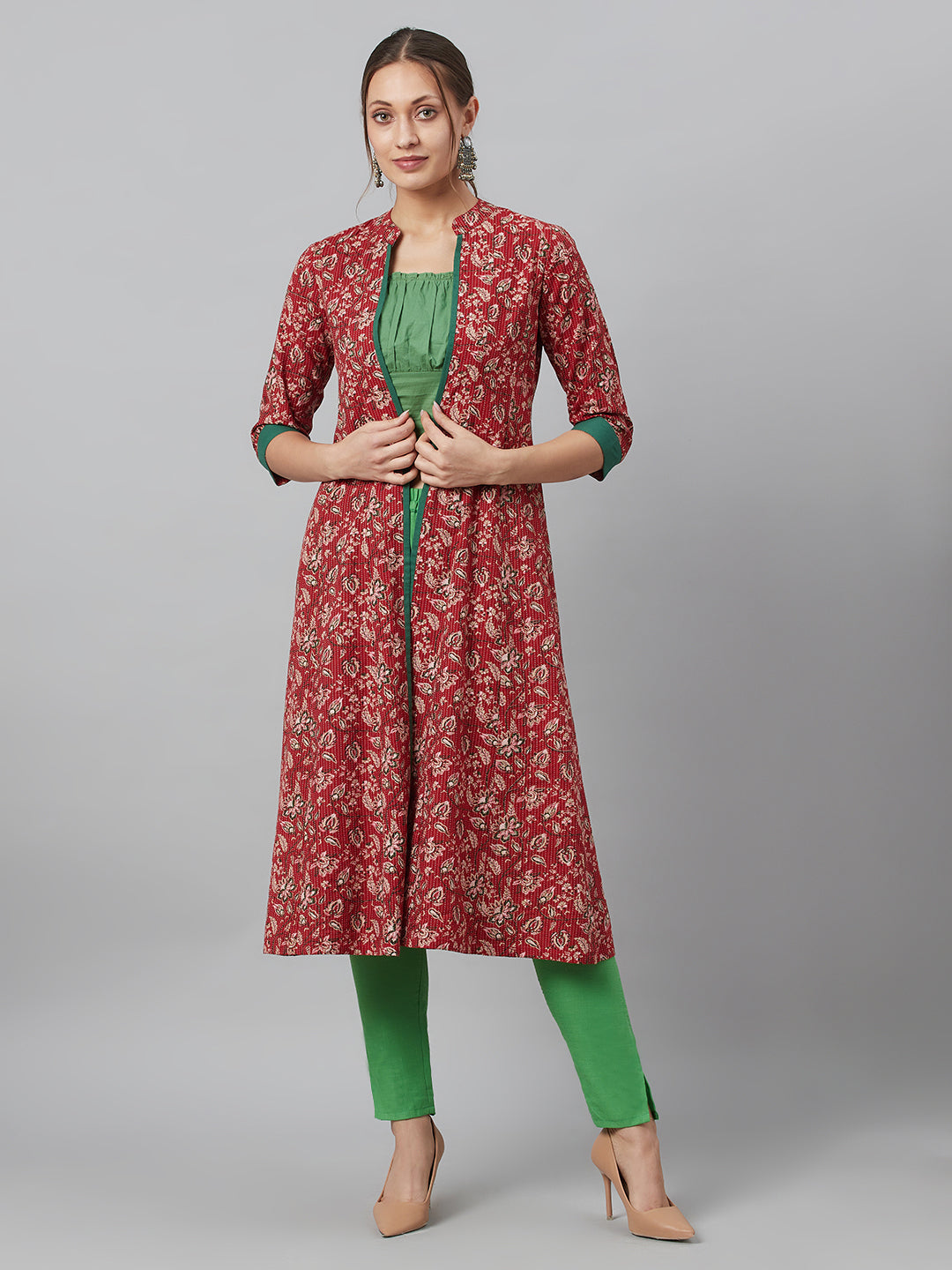 Women's Maroon Floral Print Kantha Work A-Line Jacket