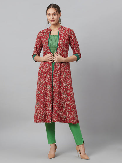 Women's Maroon Floral Print Kantha Work A-Line Jacket
