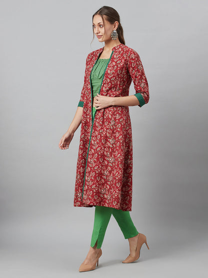 Women's Maroon Floral Print Kantha Work A-Line Jacket