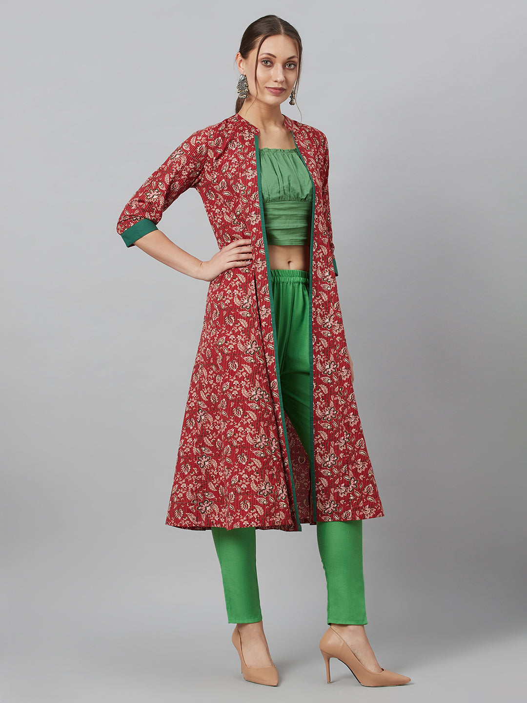 Women's Maroon Floral Print Kantha Work A-Line Jacket