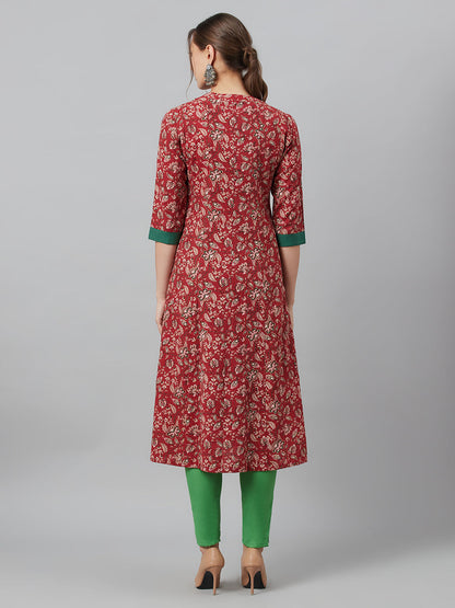 Women's Maroon Floral Print Kantha Work A-Line Jacket