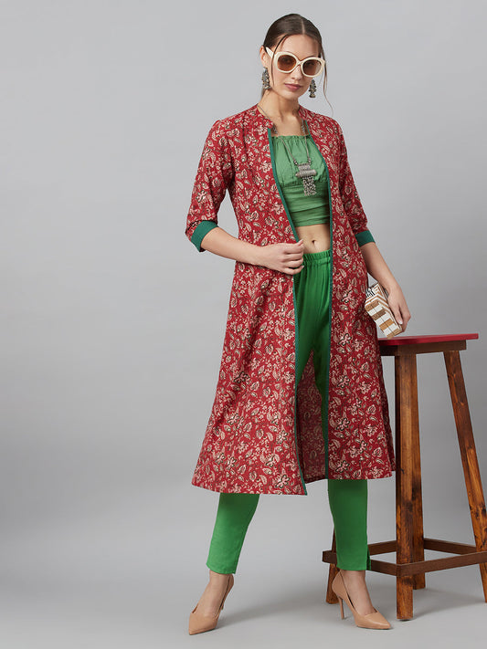 Women's Maroon Floral Print Kantha Work A-Line Jacket