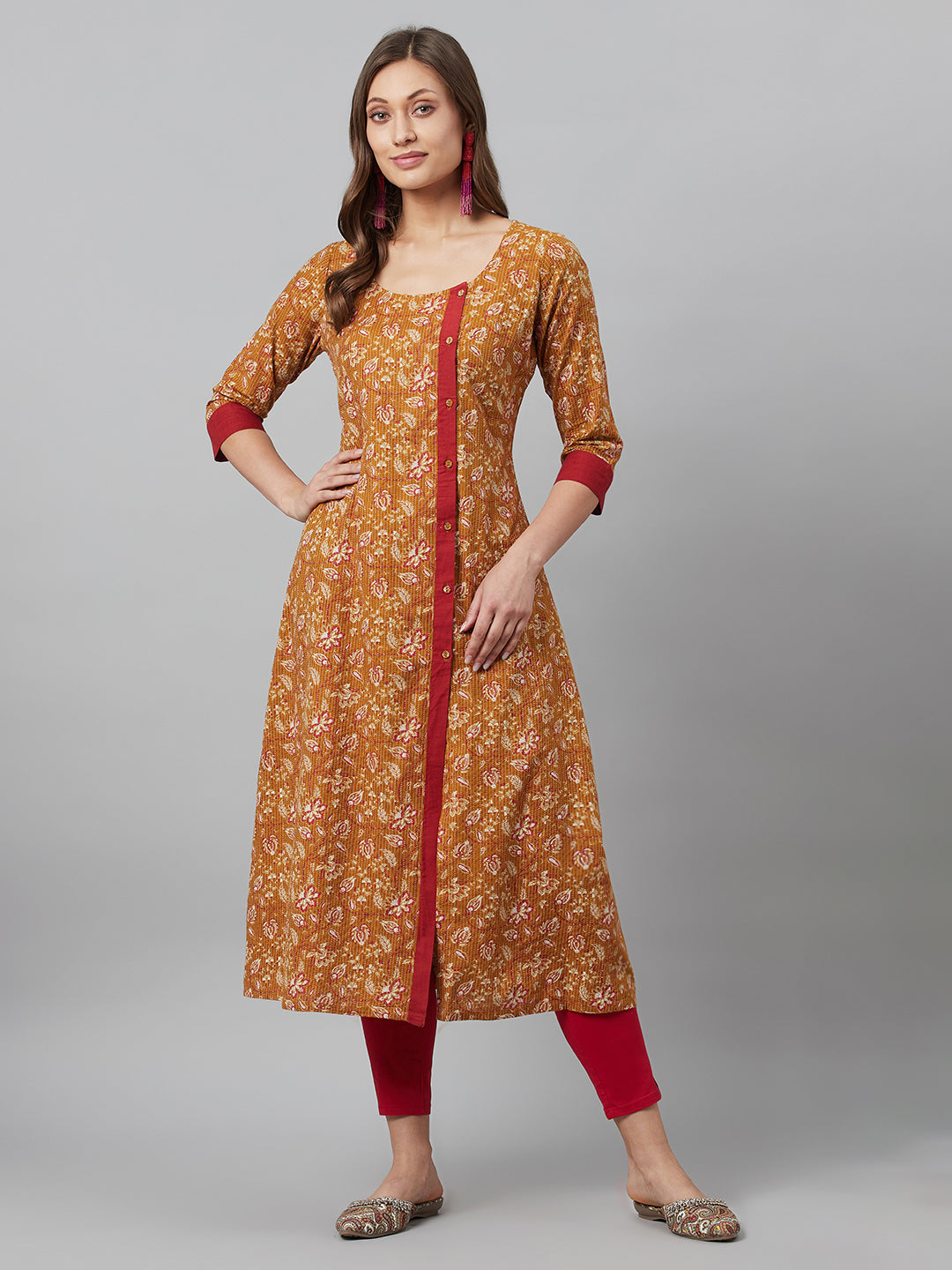 Women's Mustard Floral Print Kantha Work Button Down Kurta