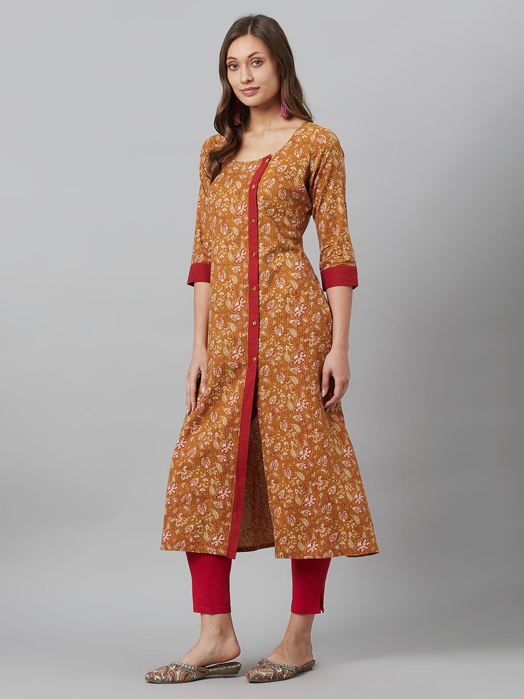Women's Mustard Floral Print Kantha Work Button Down Kurta