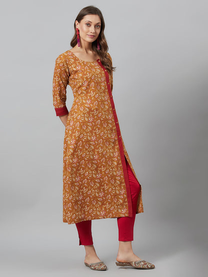 Women's Mustard Floral Print Kantha Work Button Down Kurta