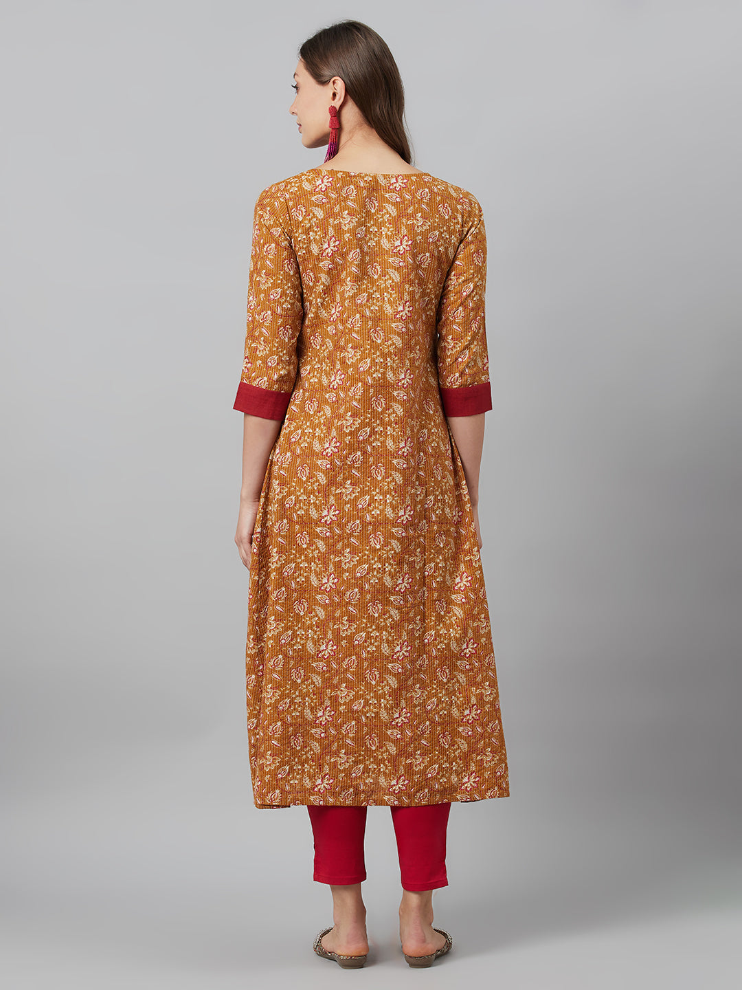 Women's Mustard Floral Print Kantha Work Button Down Kurta