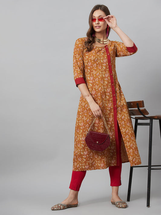 Women's Mustard Floral Print Kantha Work Button Down Kurta