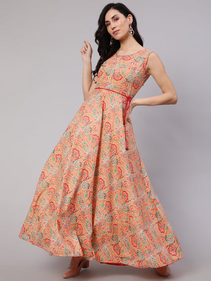 Women's Peach Floral Print Flared Maxi Dress