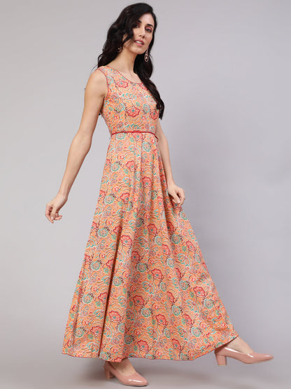 Women's Peach Floral Print Flared Maxi Dress