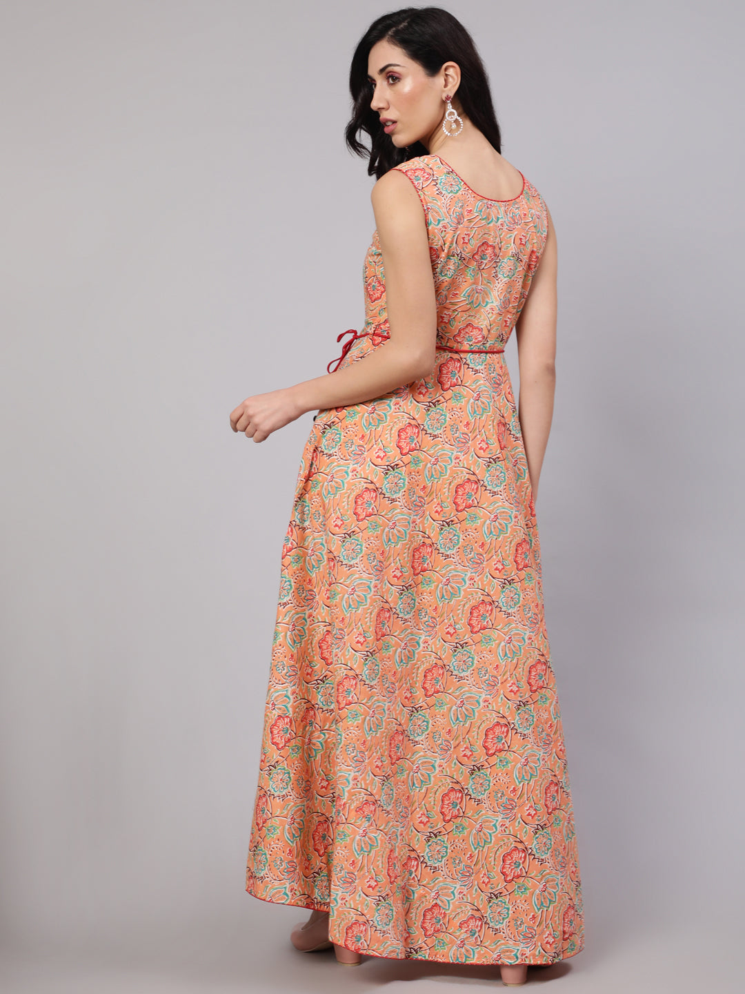 Women's Peach Floral Print Flared Maxi Dress