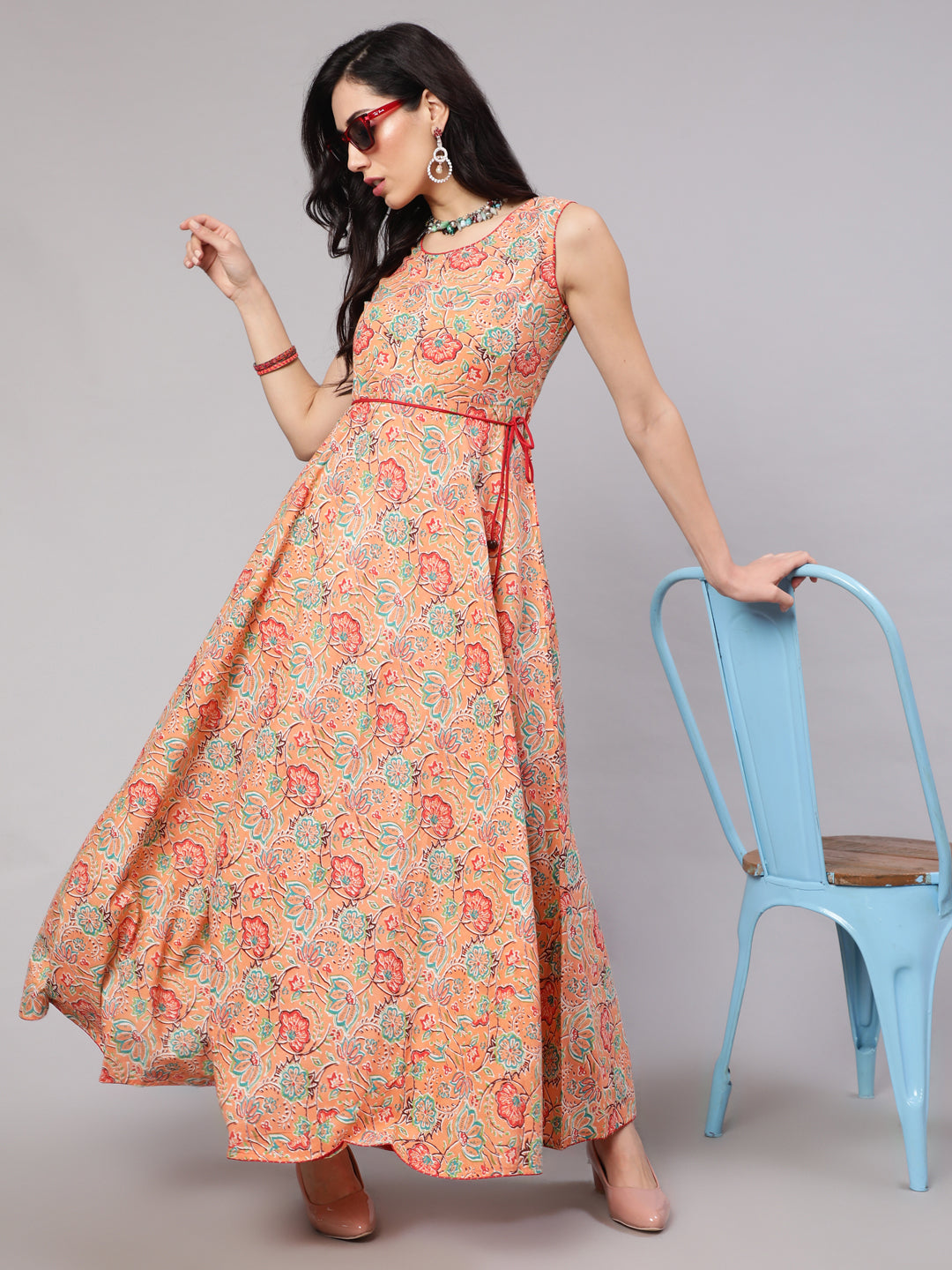 Women's Peach Floral Print Flared Maxi Dress