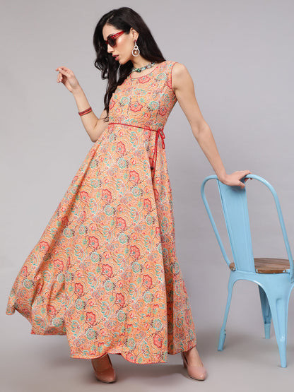 Women's Peach Floral Print Flared Maxi Dress
