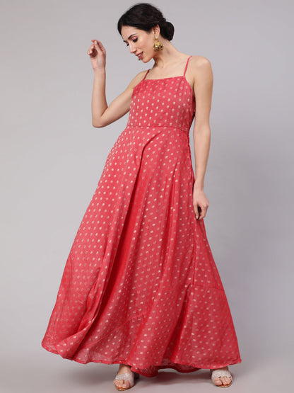 Women's Red Woven Design Flared Maxi Dress