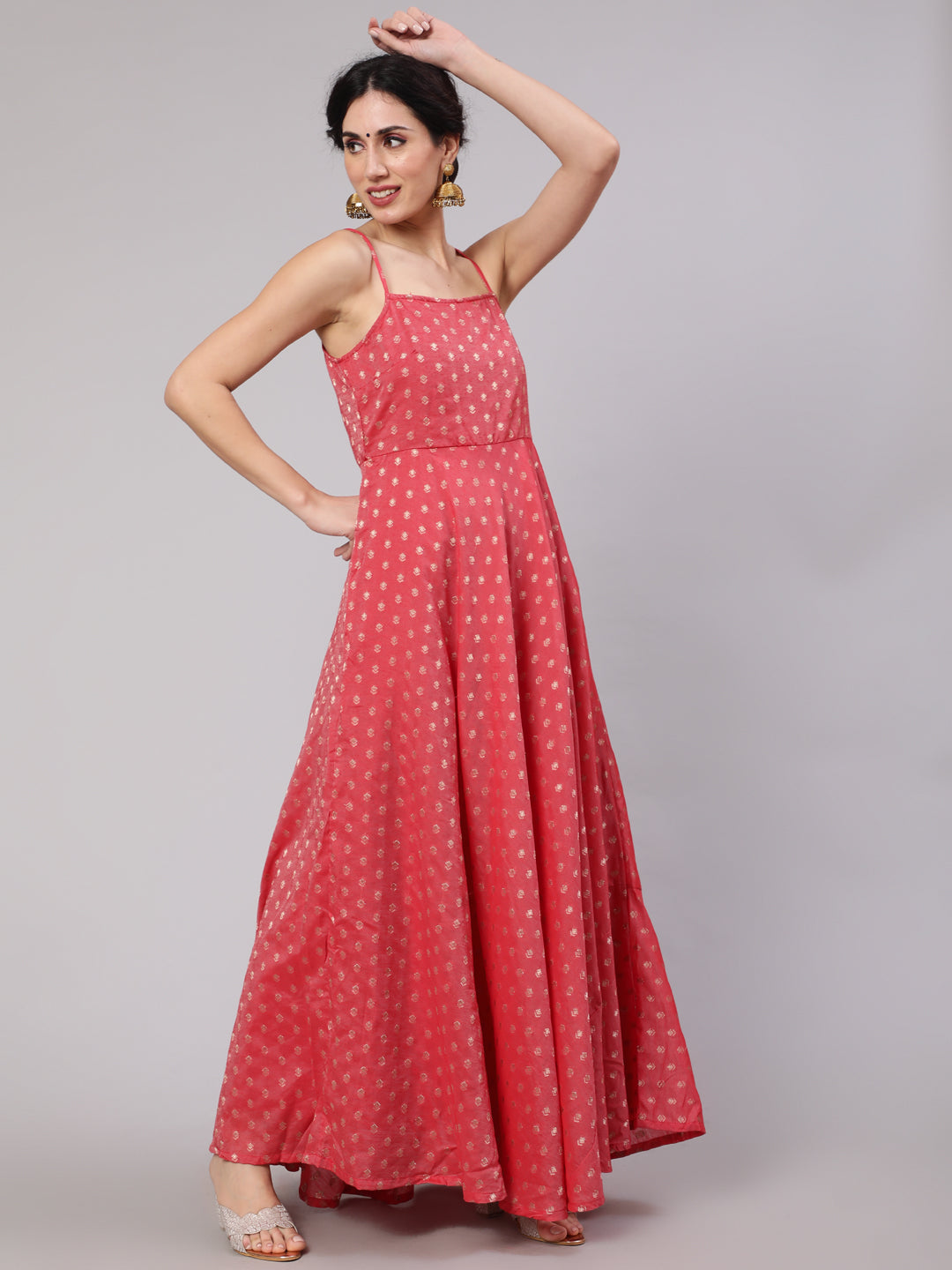 Women's Red Woven Design Flared Maxi Dress