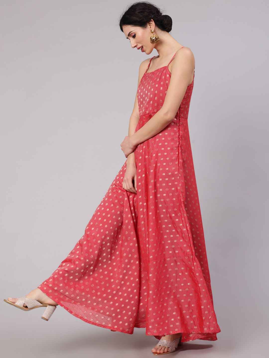 Women's Red Woven Design Flared Maxi Dress