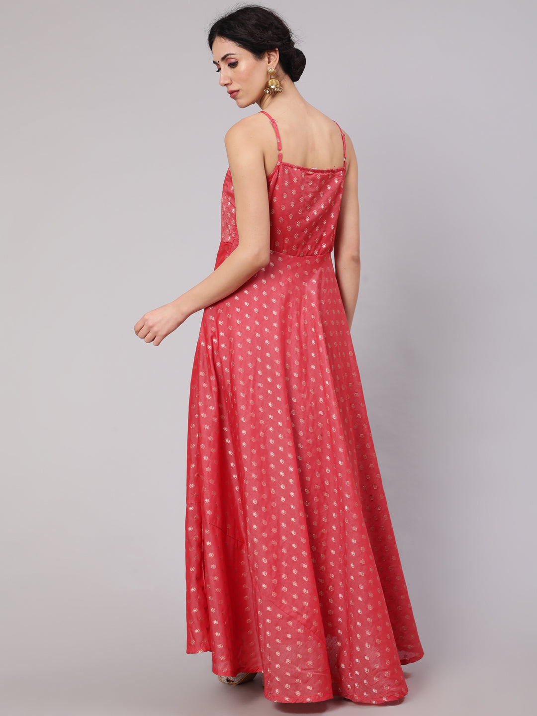 Women's Red Woven Design Flared Maxi Dress