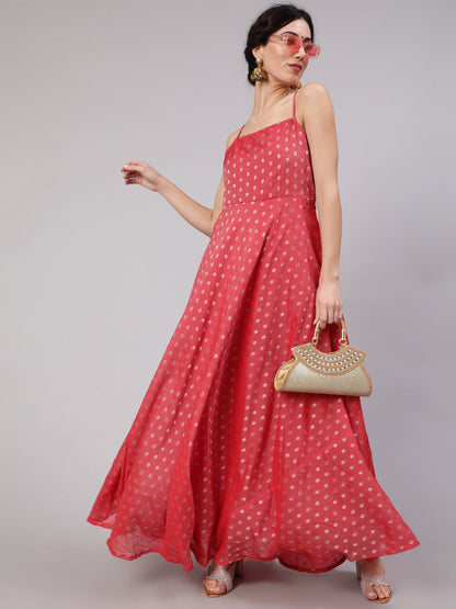 Women's Red Woven Design Flared Maxi Dress