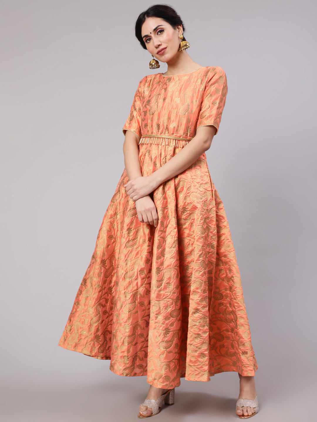 Women's Orange Jacquard Zari Work Flared Maxi Dress