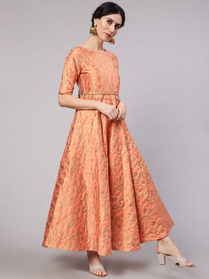 Women's Orange Jacquard Zari Work Flared Maxi Dress