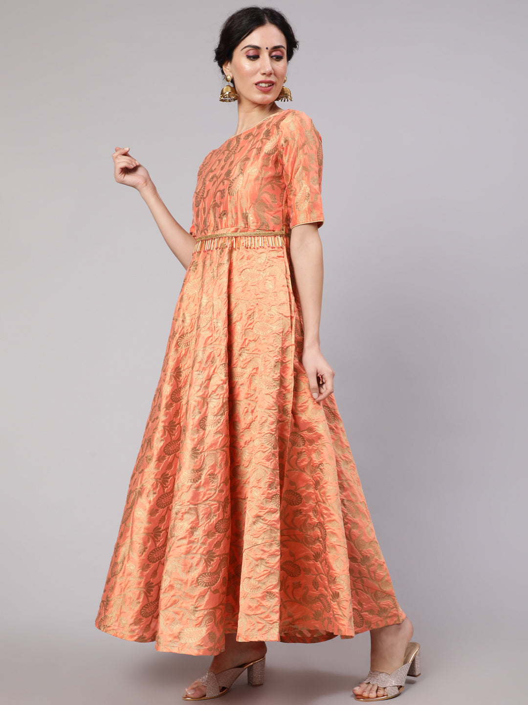 Women's Orange Jacquard Zari Work Flared Maxi Dress