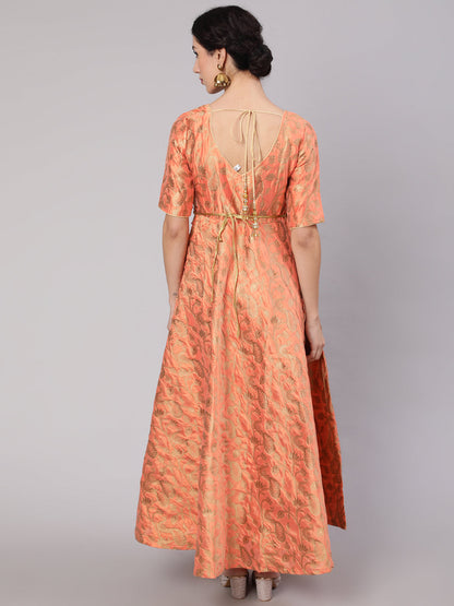 Women's Orange Jacquard Zari Work Flared Maxi Dress