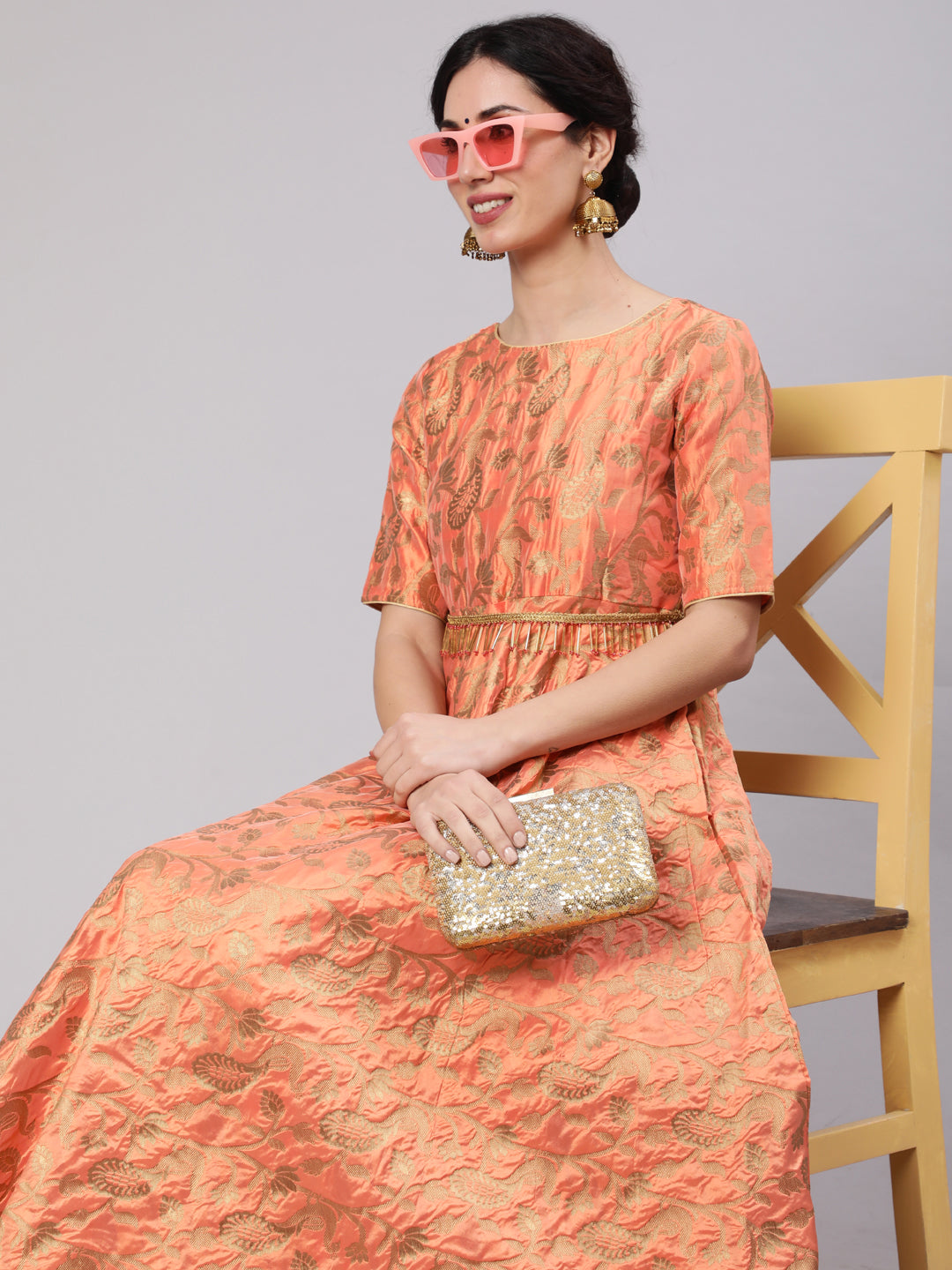Women's Orange Jacquard Zari Work Flared Maxi Dress