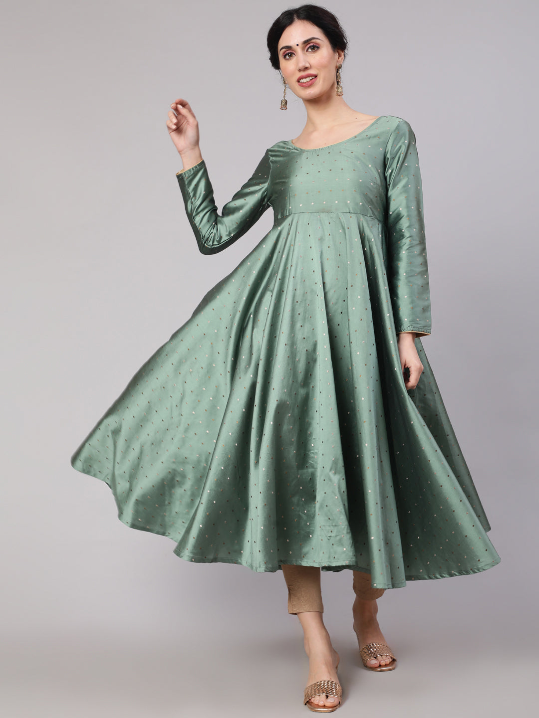 Women's Pastel Green Woven Design Flared Anarkali
