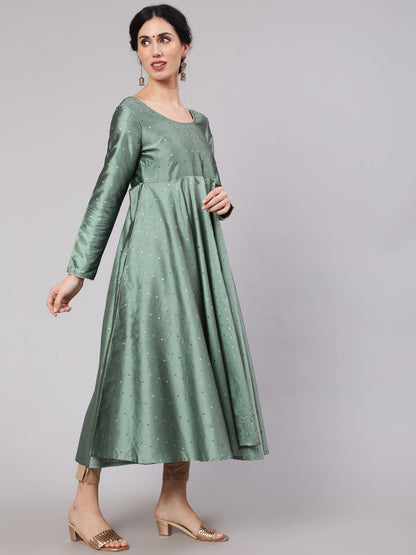 Women's Pastel Green Woven Design Flared Anarkali