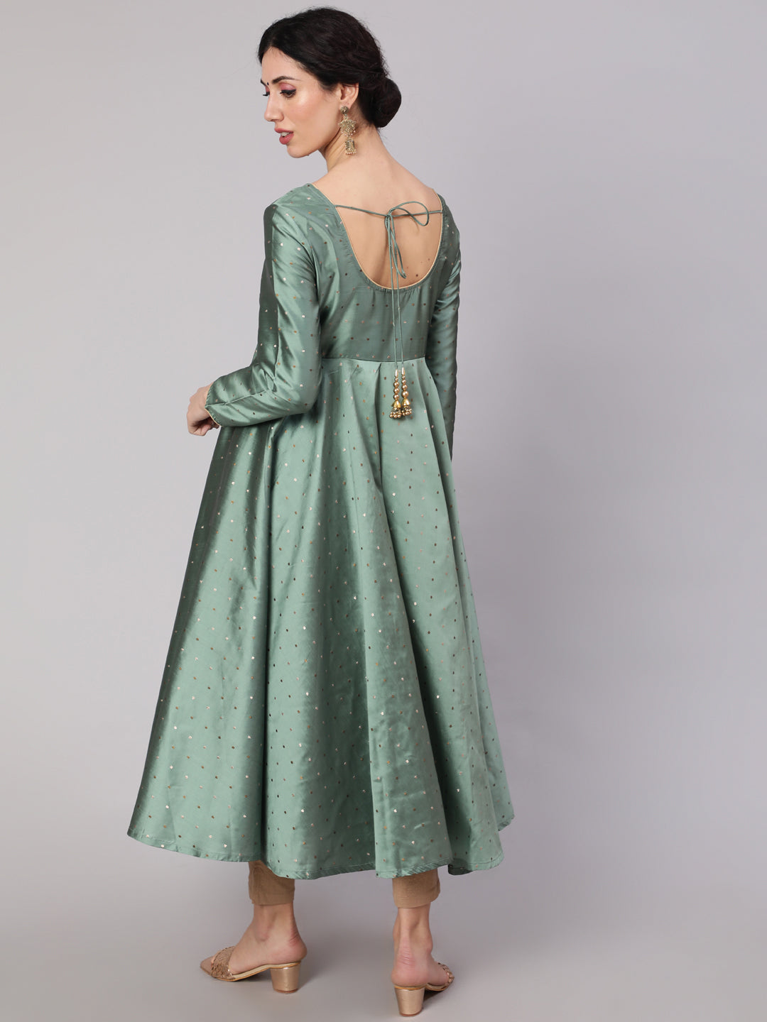 Women's Pastel Green Woven Design Flared Anarkali