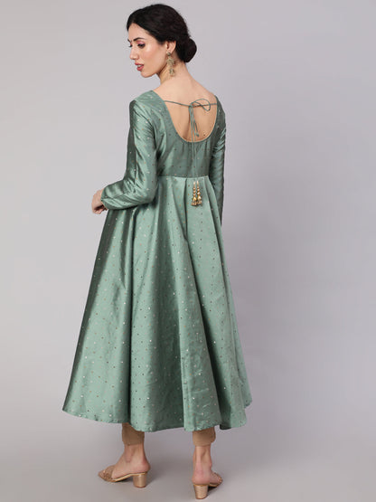 Women's Pastel Green Woven Design Flared Anarkali