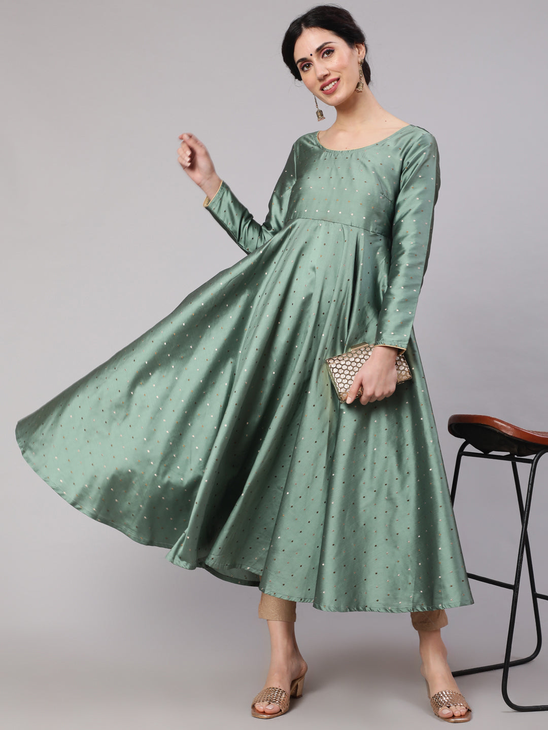 Women's Pastel Green Woven Design Flared Anarkali