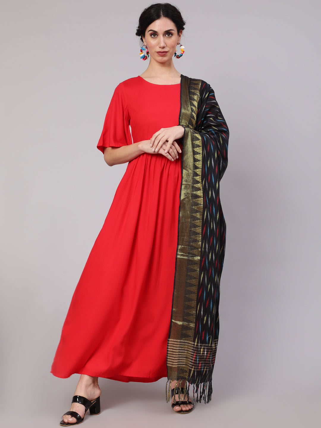 Women's Red Maxi Dress With Ikat Print Dupatta